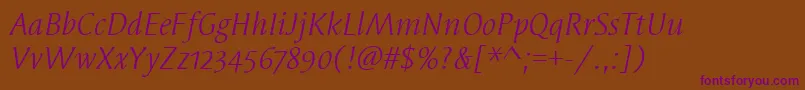 SyndorOsItcTtBookitalic Font – Purple Fonts on Brown Background