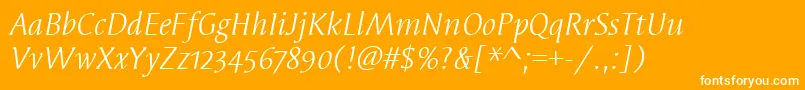 SyndorOsItcTtBookitalic-Schriftart – Weiße Schriften auf orangefarbenem Hintergrund