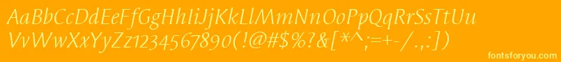 SyndorOsItcTtBookitalic-Schriftart – Gelbe Schriften auf orangefarbenem Hintergrund