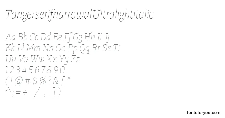Schriftart TangerserifnarrowulUltralightitalic – Alphabet, Zahlen, spezielle Symbole