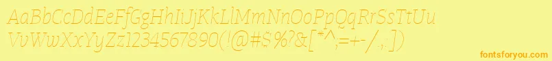 Fonte TangerserifnarrowulUltralightitalic – fontes laranjas em um fundo amarelo