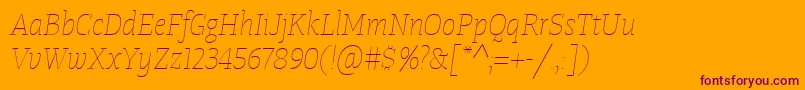 TangerserifnarrowulUltralightitalic Font – Purple Fonts on Orange Background