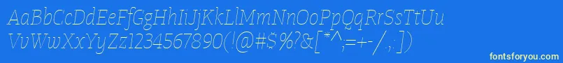 Fonte TangerserifnarrowulUltralightitalic – fontes amarelas em um fundo azul