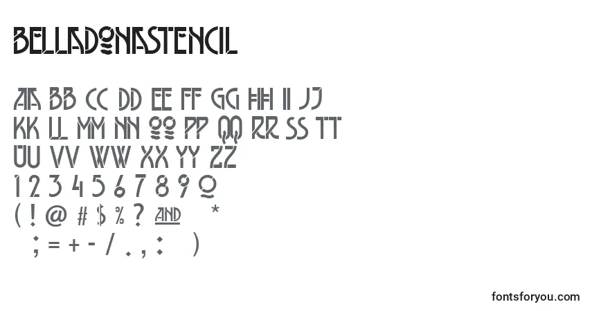 Fuente Belladonastencil - alfabeto, números, caracteres especiales
