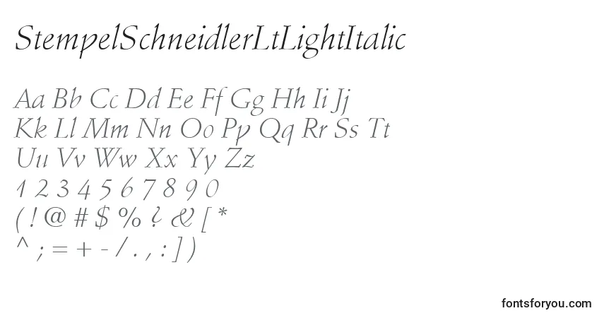 Шрифт StempelSchneidlerLtLightItalic – алфавит, цифры, специальные символы