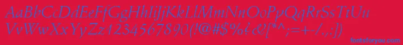 StempelSchneidlerLtLightItalic-Schriftart – Blaue Schriften auf rotem Hintergrund