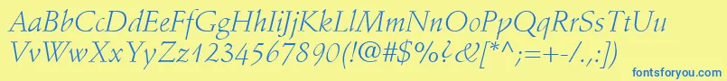Fonte StempelSchneidlerLtLightItalic – fontes azuis em um fundo amarelo