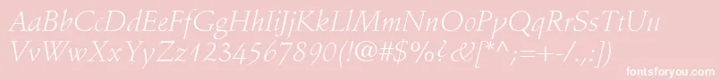 Fonte StempelSchneidlerLtLightItalic – fontes brancas em um fundo rosa