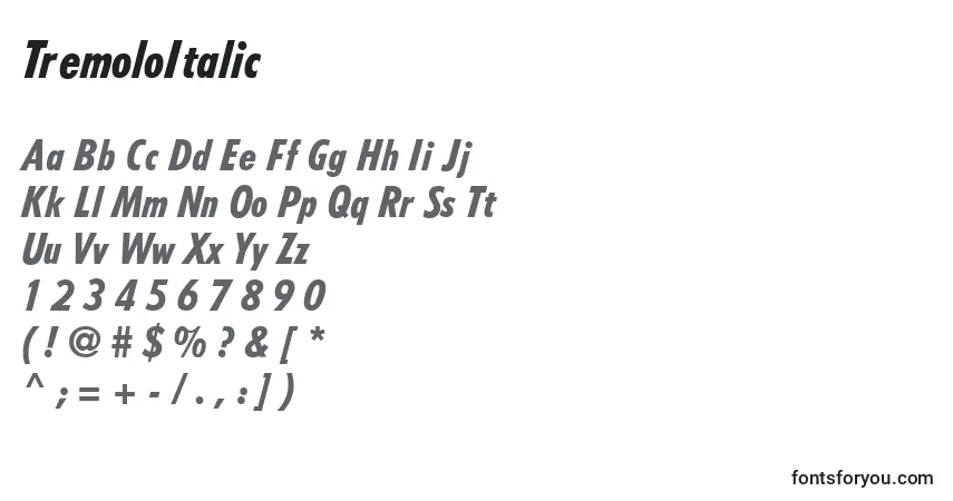 Шрифт TremoloItalic – алфавит, цифры, специальные символы