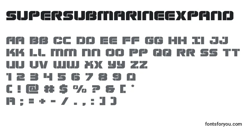 A fonte Supersubmarineexpand – alfabeto, números, caracteres especiais