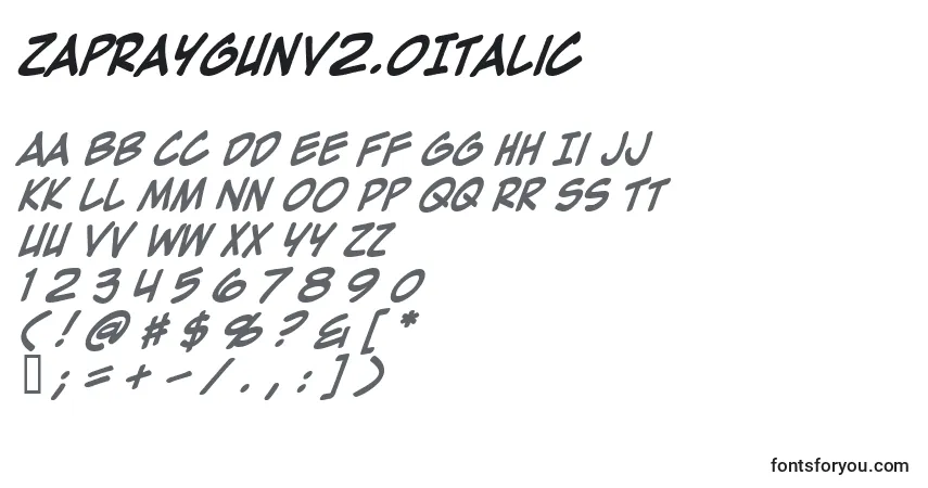 Шрифт ZapRaygunV2.0Italic – алфавит, цифры, специальные символы