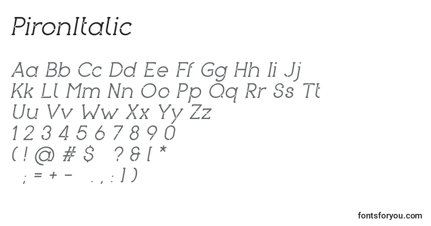 Czcionka PironItalic – alfabet, cyfry, specjalne znaki