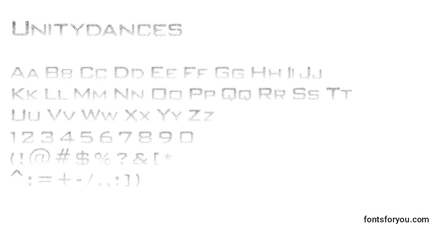 A fonte Unitydances – alfabeto, números, caracteres especiais
