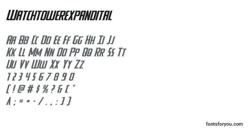 Czcionka Watchtowerexpandital – alfabet, cyfry, specjalne znaki