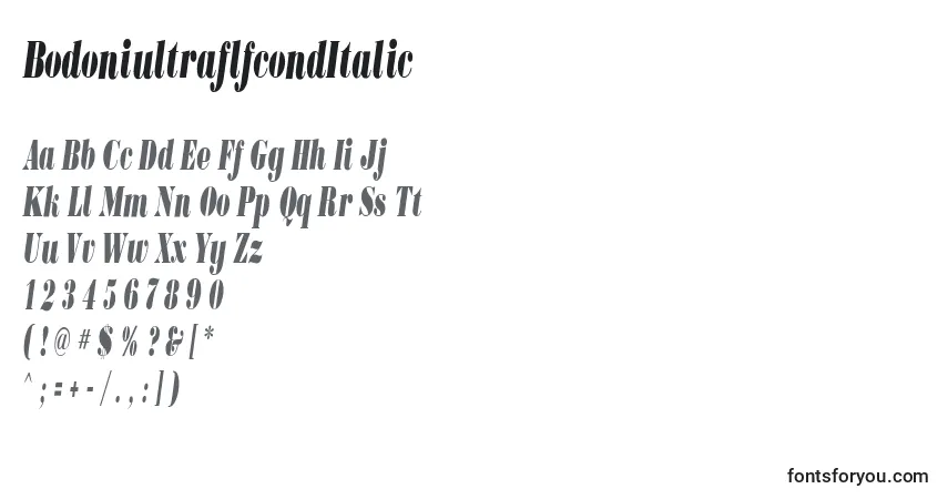 Шрифт BodoniultraflfcondItalic – алфавит, цифры, специальные символы