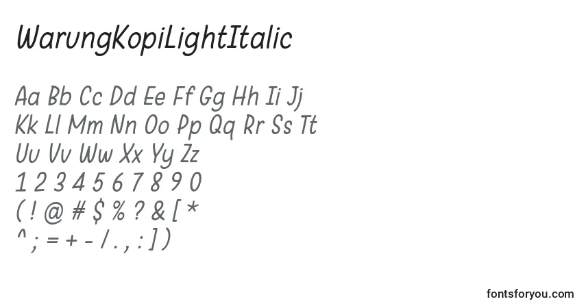 Czcionka WarungKopiLightItalic – alfabet, cyfry, specjalne znaki