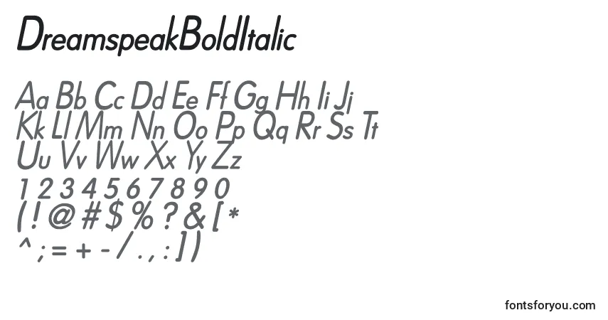 Шрифт DreamspeakBoldItalic – алфавит, цифры, специальные символы