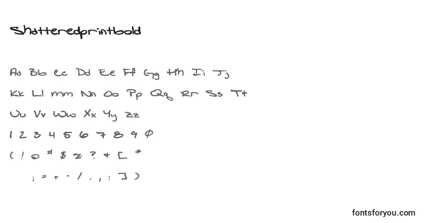 Czcionka Shatteredprintbold – alfabet, cyfry, specjalne znaki