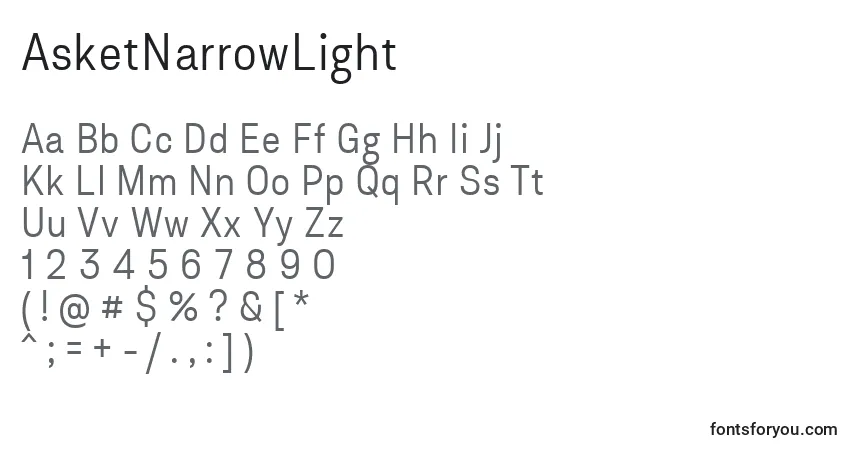 A fonte AsketNarrowLight (45628) – alfabeto, números, caracteres especiais