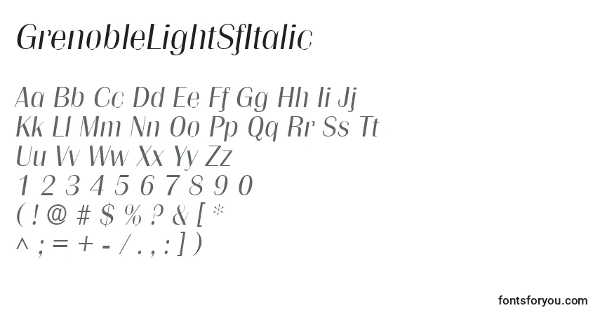Шрифт GrenobleLightSfItalic – алфавит, цифры, специальные символы
