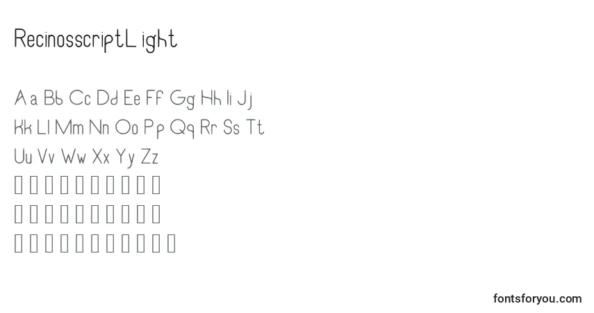 Шрифт RecinosscriptLight – алфавит, цифры, специальные символы