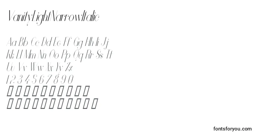 VanityLightNarrowItalicフォント–アルファベット、数字、特殊文字