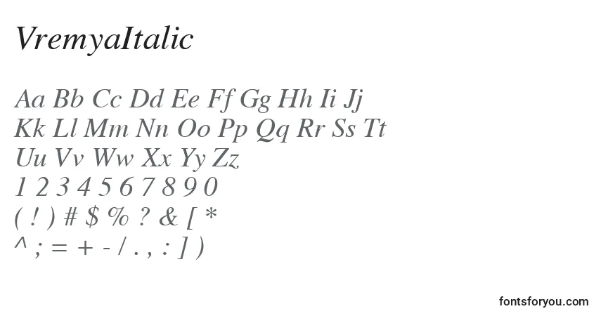 Schriftart VremyaItalic – Alphabet, Zahlen, spezielle Symbole