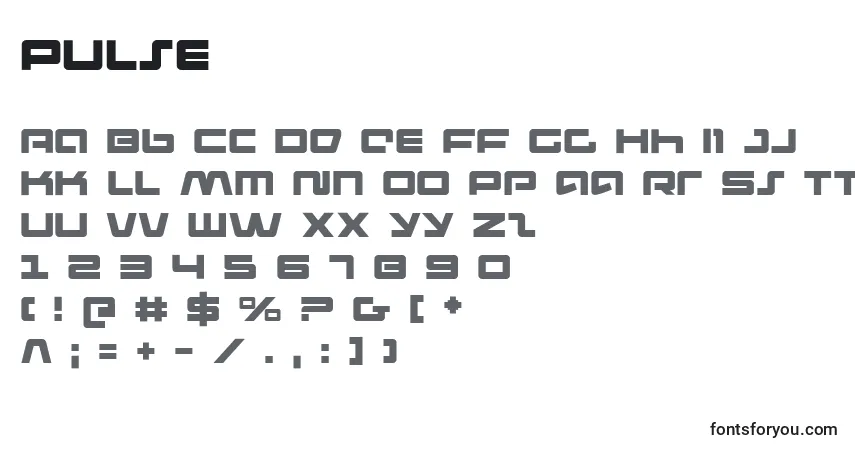 Czcionka Pulse – alfabet, cyfry, specjalne znaki