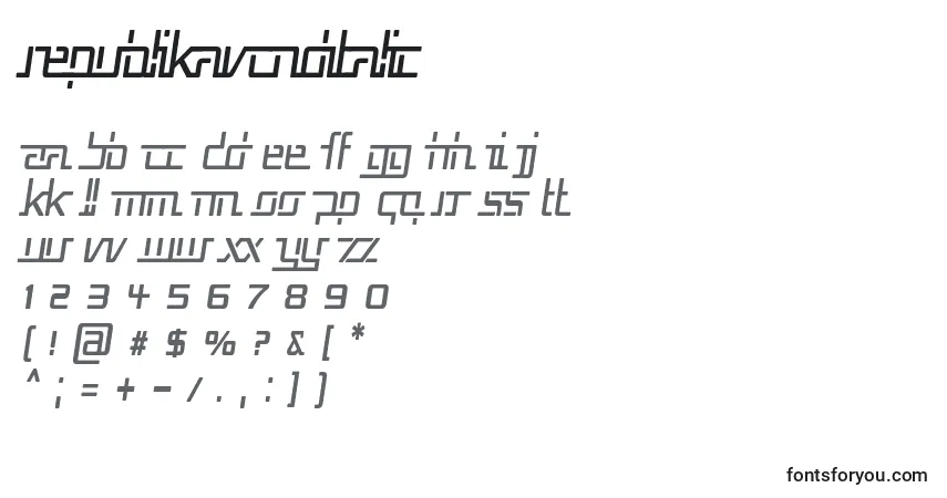 Schriftart RepublikaVCndItalic – Alphabet, Zahlen, spezielle Symbole