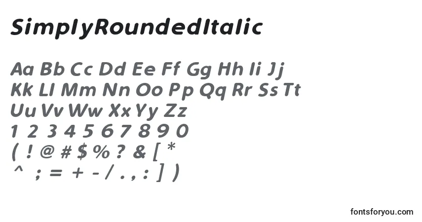 A fonte SimplyRoundedItalic – alfabeto, números, caracteres especiais