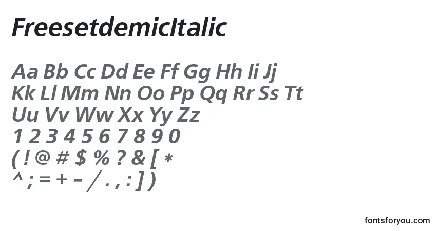 Czcionka FreesetdemicItalic – alfabet, cyfry, specjalne znaki