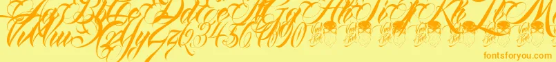 フォントQueenAnhaScript – オレンジの文字が黄色の背景にあります。