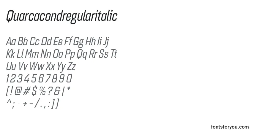 Czcionka Quarcacondregularitalic – alfabet, cyfry, specjalne znaki