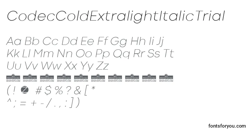 Шрифт CodecColdExtralightItalicTrial – алфавит, цифры, специальные символы
