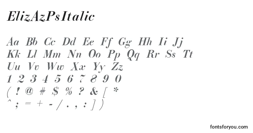 Czcionka ElizAzPsItalic – alfabet, cyfry, specjalne znaki