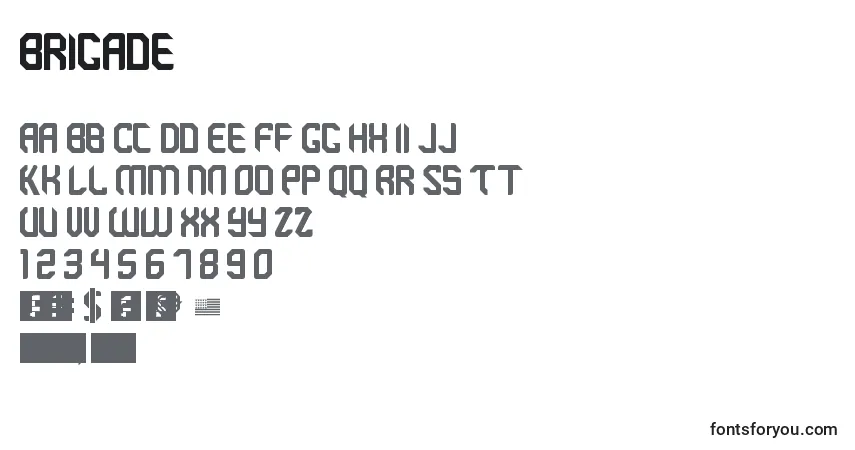 Czcionka Brigade – alfabet, cyfry, specjalne znaki