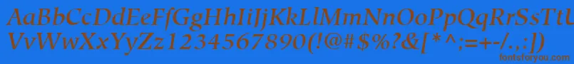 フォントHiroshigeLtMediumItalic – 茶色の文字が青い背景にあります。