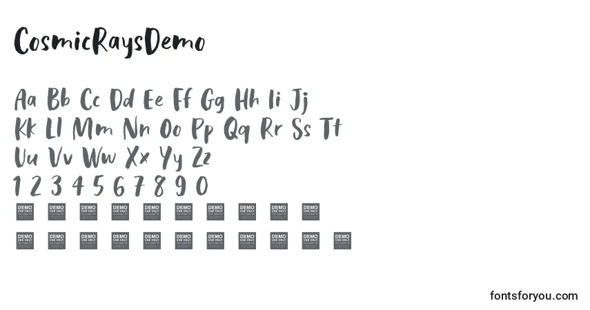 Czcionka CosmicRaysDemo – alfabet, cyfry, specjalne znaki