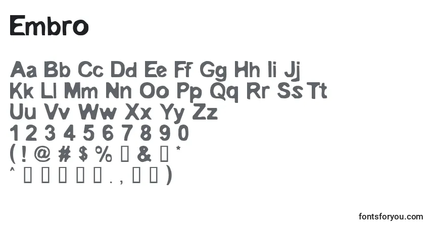 Czcionka Embro – alfabet, cyfry, specjalne znaki
