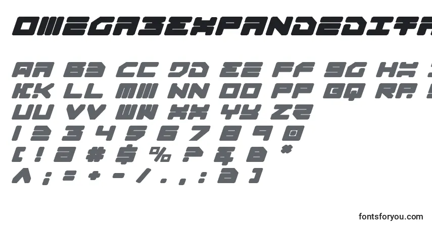 Czcionka Omega3ExpandedItalic – alfabet, cyfry, specjalne znaki