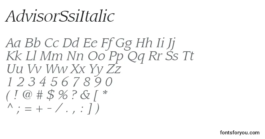 Schriftart AdvisorSsiItalic – Alphabet, Zahlen, spezielle Symbole