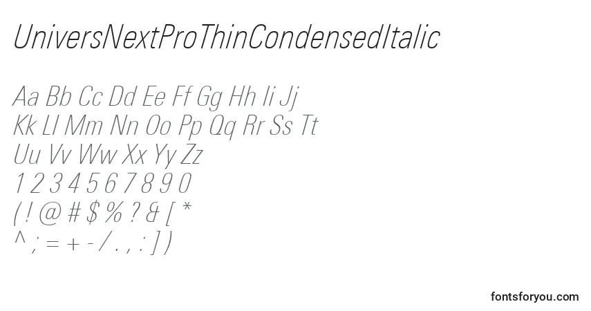 Шрифт UniversNextProThinCondensedItalic – алфавит, цифры, специальные символы