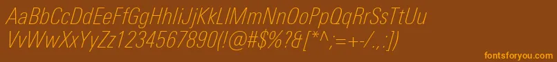 Fonte UniversNextProThinCondensedItalic – fontes laranjas em um fundo marrom
