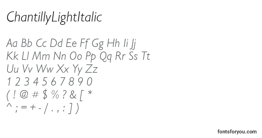 Czcionka ChantillyLightItalic – alfabet, cyfry, specjalne znaki