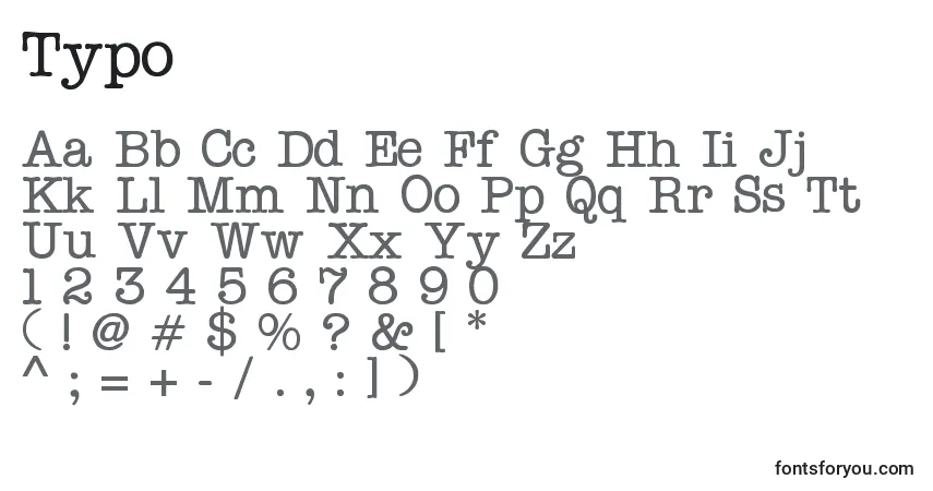 Schriftart Typo – Alphabet, Zahlen, spezielle Symbole