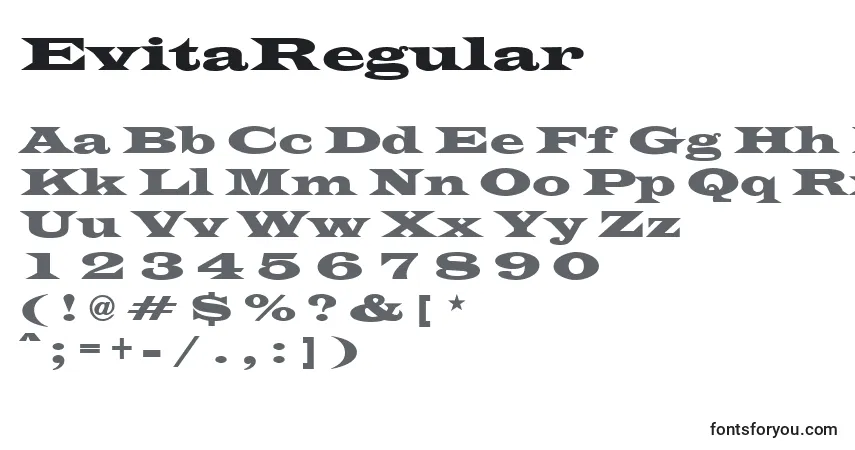 Czcionka EvitaRegular – alfabet, cyfry, specjalne znaki