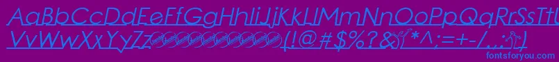 LinearmenteItalic-Schriftart – Blaue Schriften auf violettem Hintergrund