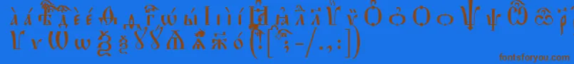 フォントHirmosUcsSpacedout – 茶色の文字が青い背景にあります。