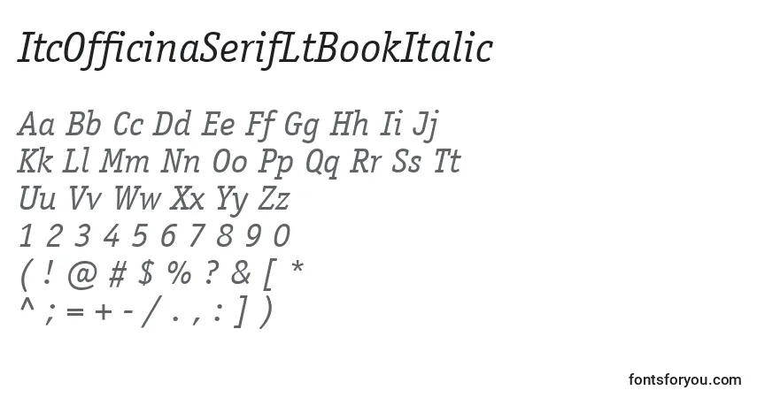 Czcionka ItcOfficinaSerifLtBookItalic – alfabet, cyfry, specjalne znaki