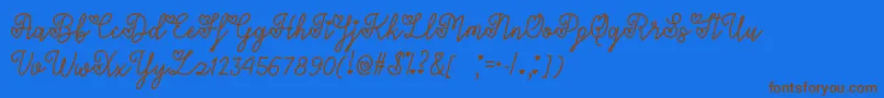 フォントLoversInFebruaryOtf – 茶色の文字が青い背景にあります。